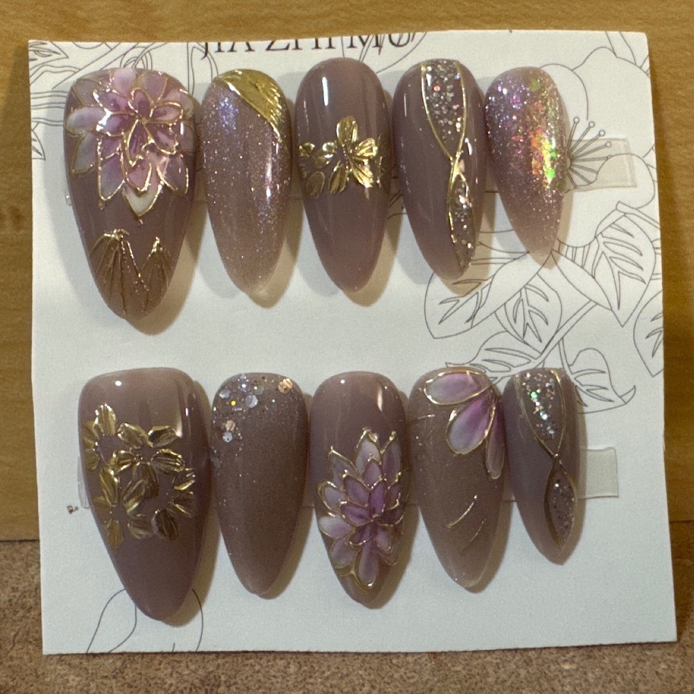 Mauve Floral Press On Nails Almond Gold Chrome Glitter Reusable Faux Nails Set